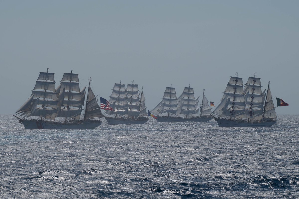 USCGNortheast's tweet photo. Yesterday, four of the world’s most iconic tall ships raced head-to-head offshore before making their way to Boston for #SAIL250. 

This weekend, they’ll sail into Boston Harbor led by USCGC Eagle for the Parade of Sail. Don’t miss it! ⚓🇺🇸 #fivesisterstallships https://t.co/hQXI8ntFu7