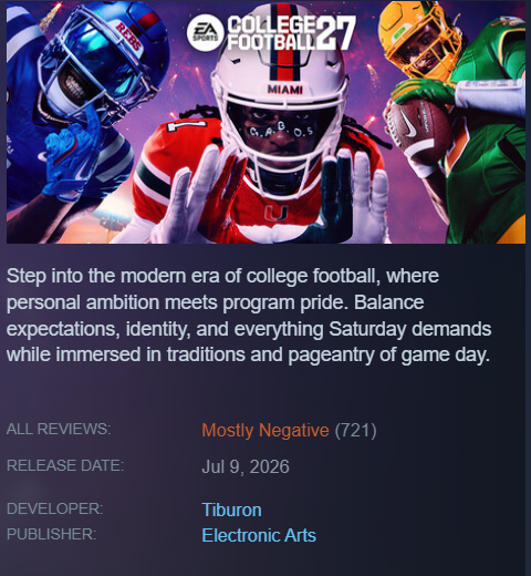 JakeSucky's tweet photo. EA College Football 27 appears to be review bombed on Steam, with only 22% of reviews being positive

Following YouTuber Bordeaux calling out the company for increased microtransactions and starting #CDFPlayDontPay https://t.co/8QEcalSRek