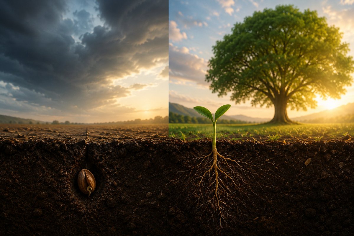MariNorikowa's tweet photo. A farmer planted two seeds.

One stayed buried, afraid to fail.

The other broke through the soil, faced every storm, and kept growing.

Months later, one was still a seed.

The other had become a tree.

Growth begins the moment fear no longer decides your future. 🌱💙 https://t.co/OnATANl1vW