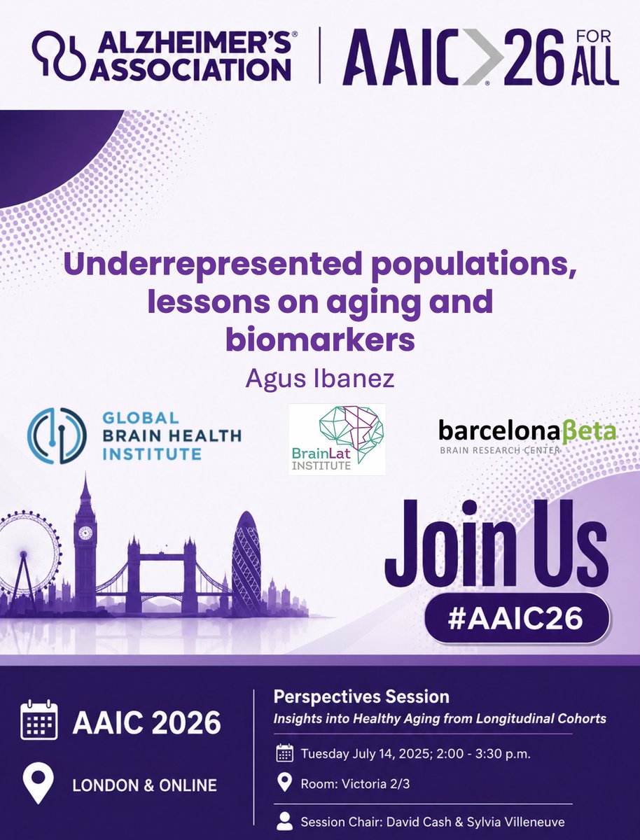 AgustinMIbanez's tweet photo. Multimodal aging clocks (spanning epigenomic, brain, behavioral, speech, and biobehavioral models) offer a powerful new approach to understanding aging and dementia globally. But how well do they generalize across diverse, underrepresented populations, and how reliably do they capture longitudinal change? Join us at #AAIC26 for this Perspectives Session, where I will share new findings alongside Julia Neitzel, Ludovica Griffanti, and @MiiaKivipelto, chaired by David Cash and @sylv_villeneuve.
Tuesday, July 14, 2026
2:00–3:30 p.m.
Victoria 2/3