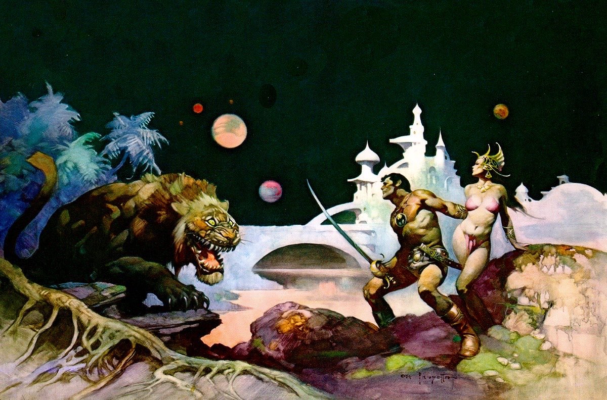 YoDanno's tweet photo. Frank Frazetta wasn’t just painting a scene, he was telling a story with the book itself.

This wraparound cover for the Science Fiction Book Club edition collecting Thuvia, Maid of Mars and The Chessmen of Mars showed readers on the front cover Carthoris protecting Princess Thuvia of Ptarth.

Only when they turned the book over did the charging banth appear.

One painting. Two covers. One perfectly timed reveal.