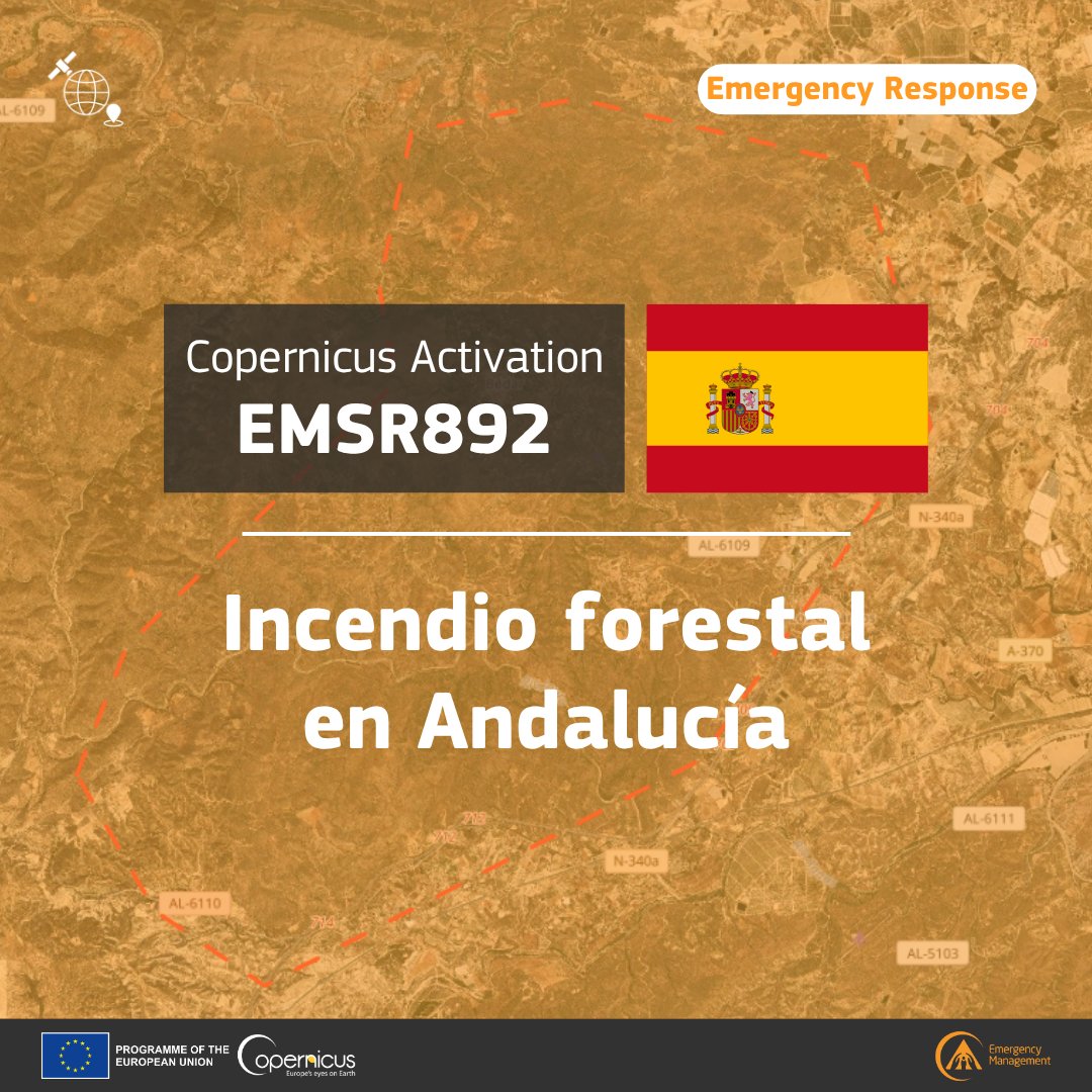 CopernicusEMS's tweet photo. 🔥 #EMSR892 #Andalucia

#IFLosGallardos Incendio forestal activo en las proximidades del municipio Los Gallardos, en la provincia de #Almeria, #España. Varias zonas evacuadas; 12 fallecidos hasta el momento

Nuestro #MappingTeam ha sido activado

https://t.co/UAlJxXJqzN https://t.co/LYqiJW7Ykf