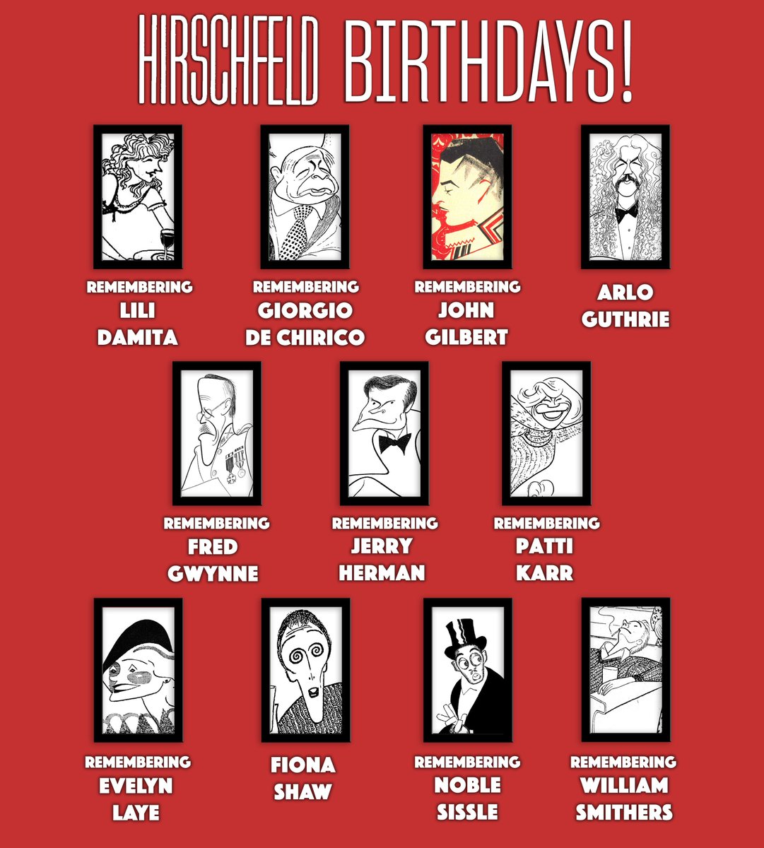AlHirschfeld's tweet photo. July 10 Hirschfeld Birthdays:

Lili Damita, Giorgio de Chirico, John Gilbert, Arlo Guthrie, Fred Gwynne, Jerry Herman, Patti Karr, Evelyn Laye, Fiona Shaw, Noble Sissle, and William Smithers!

View full works at https://t.co/21u2rb1SZS https://t.co/vH42LjtaW0