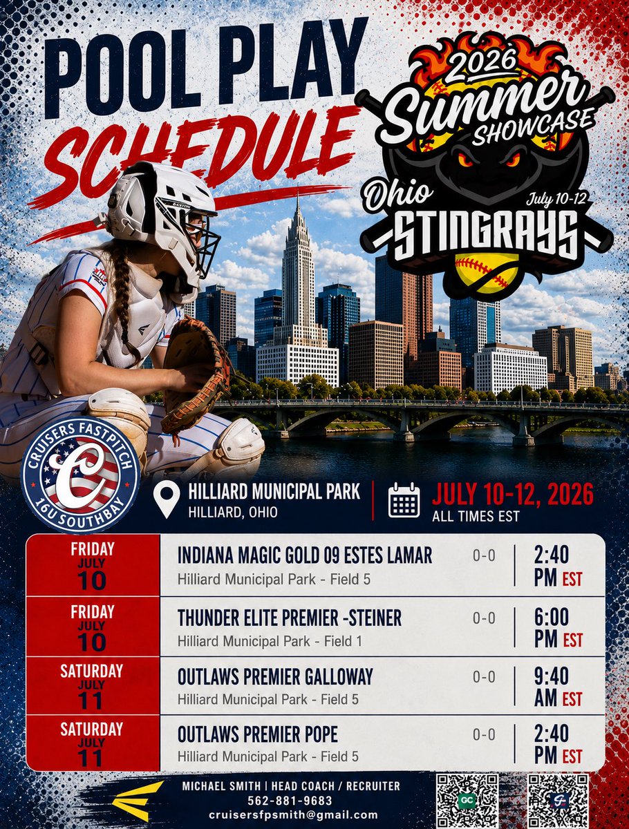 kalysta23's tweet photo. I’ll be playing with Cruisers Fastpitch 16U Southbay at the Ohio Stingrays Summer Showcase this weekend. I am so excited for the opportunity!  Here’s my pool play schedule. I will be wearing #14 this weekend. I hope to see you there! 

@NCSACoachDaily
@DiamondAddicts @DirectRecruits
@D1Softball1 @D1Softball
@D1ProScouts @SB_RECRUITS
@PrepSoftball @TOP_D1RECRUITS
@CollegeBDJocks @BeThatPlayer1
@SoftballDown @LineDsoftball
@SoftballCanada @CoachLarissaA @sbcamps @MSU_Softball @BallStateSB @OhioStateSB @CoachPena_BSU @CoachStanton @gatorjack72
@JBMTSUsoftball @Coach2K_OSU