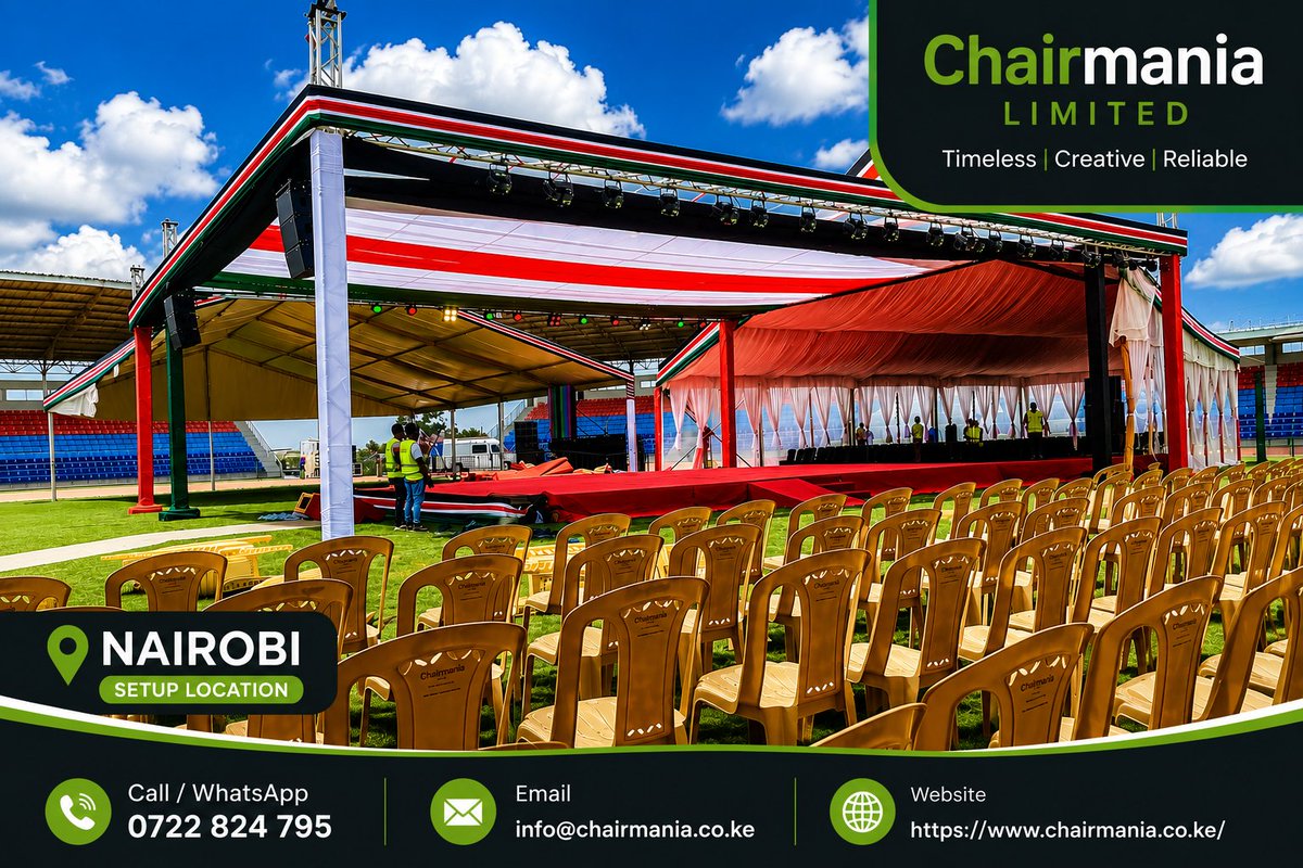 ChairmaniaK's tweet photo. Nyota Phase 2 Launch in Nairobi.
Contact us today for professional end-to-end event management, flawless execution, premium seating solutions, and complete setup resources.
๐ 0722824795
๐ง info@chairmania.co.ke
#NyotaPhase2 #StateFunctions #PresidentialFunctions #MSEA https://t.co/tIgbLQZFje