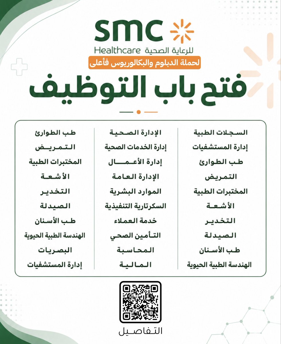 YourJobs_KSA's tweet photo. 🚨🚨🚨🚨🚨🚨🚨🚨🚨🚨 هااااااااااااااااام 

وظائف شاغرة لدى SMC للرعاية الصحية، تعلن SMC عن توفر وظائف (إدارية وصحية) لحملة الدبلوم والبكالوريوس فمافوق.

التقديم: (https://t.co/opZcKWFjSn) https://t.co/qFoskgm7eu