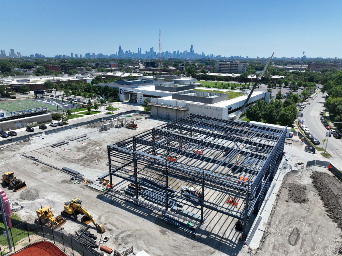 DePaulPrep's tweet photo. The steel structure taking shape will soon be the new fieldhouse portion of our Indoor Athletic Complex. When completed in Fall 2027, the complex will feature a competition gym, 3-court fieldhouse, elevated track, wrestling room, weight room, and locker rooms. 🐏 https://t.co/Ai43lJ5BQz