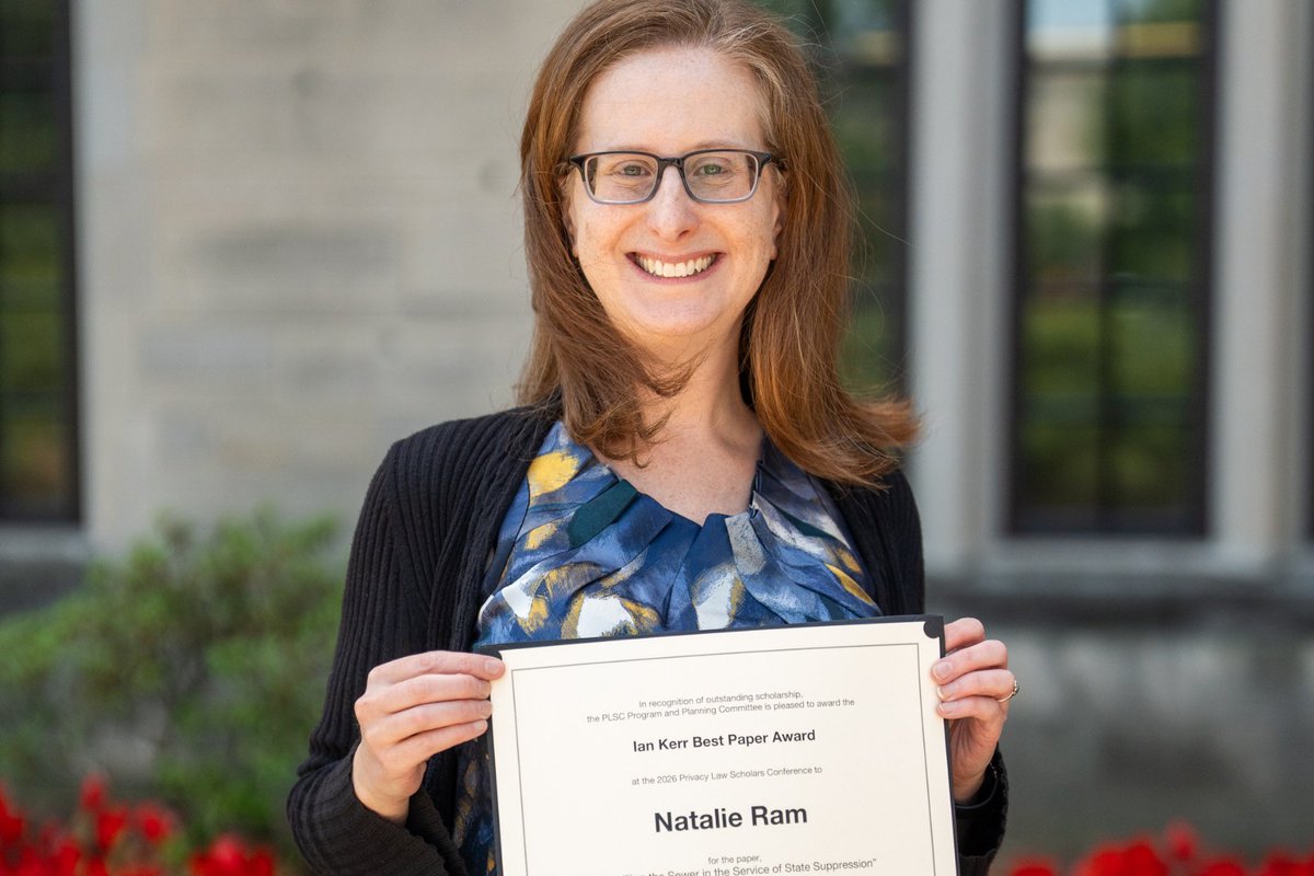 UMDLaw's tweet photo. Professor Natalie Ram (with co-author Professor Jessica Roberts from Emory University School of Law) received the Ian Kerr Best Paper Award at the 2026 Privacy Law Scholars Conference (PLSC) in May. 

Read more here: https://t.co/yJYHEn2AuM https://t.co/Dr8AcIxyHU