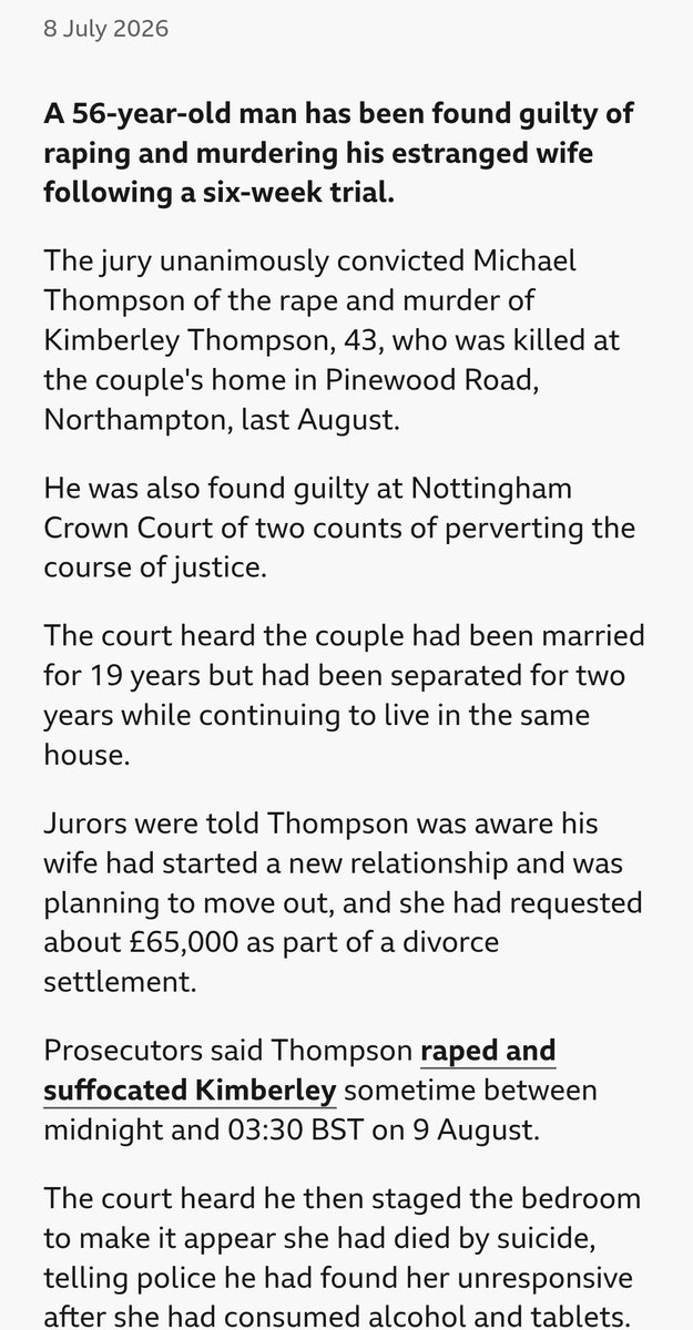 sabine_kayani's tweet photo. Maybe we should warn women and boycott ALL men because it seems to be a man problem rather than a race or religion problem.

British man Michael Thompson, 56, was convicted of raping and murdering his estranged wife Kimberley; he wasn't Muslim, or an immigrant proving savage domestic violence is a male problem, not a race or religion one. I can give you a huge list of other white British men who have killed their wives too. 

Jealousy, control, and murder in broken marriages happen everywhere, regardless of background or faith.

Stop generalising tragedies to Muslims or immigrants; it's dishonest deflection from the real issue of violent men.