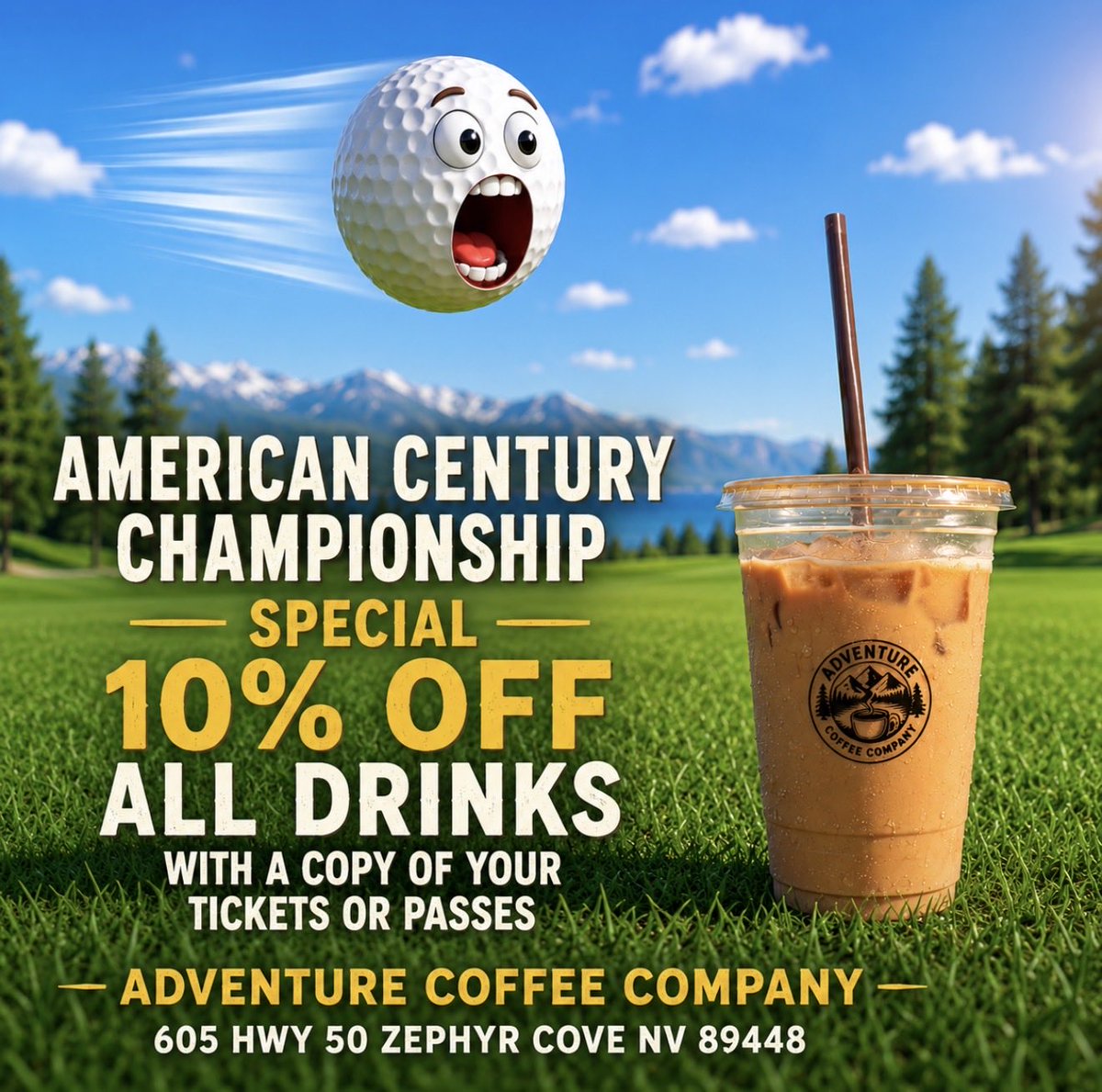 ACCTahoe's tweet photo. 10% off all drinks with a copy of your Celebrity Golf Tournament (“aka American Century Championship) passes/tickets. Now til Sunday. @edgewoodtahoe #americancenturychampionship #coffee #coffeeshop #laketahoe #golf #celebritygolftournament https://t.co/gKyShl2RcC