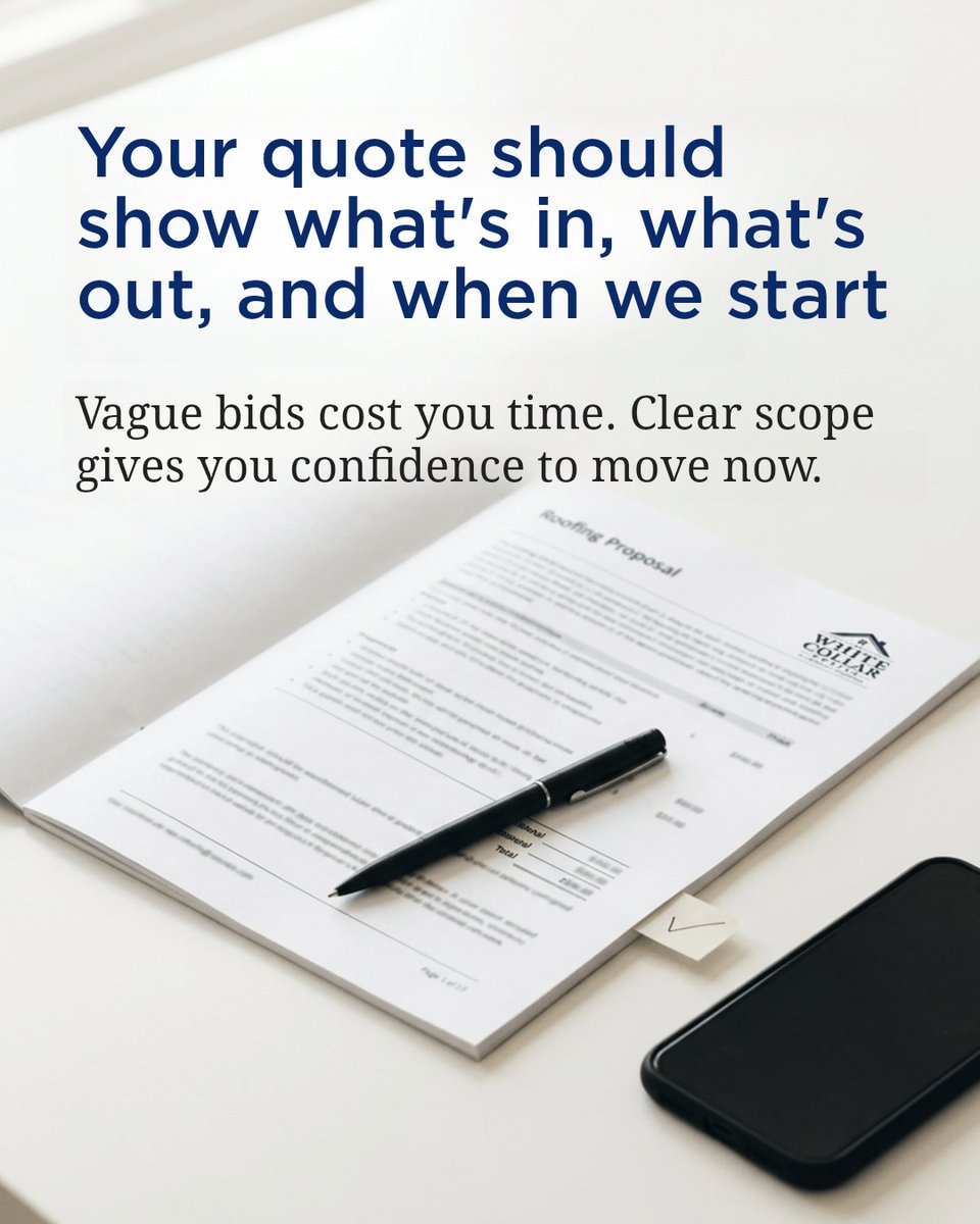whitecollarroof's tweet photo. Vague bids waste your time and leave you guessing. Clear quotes show what’s included, what’s excluded, and why timing matters now.

Book your trusted summer check-in now. https://t.co/q6SDWHgMCB https://t.co/Trw1k8xEE9
