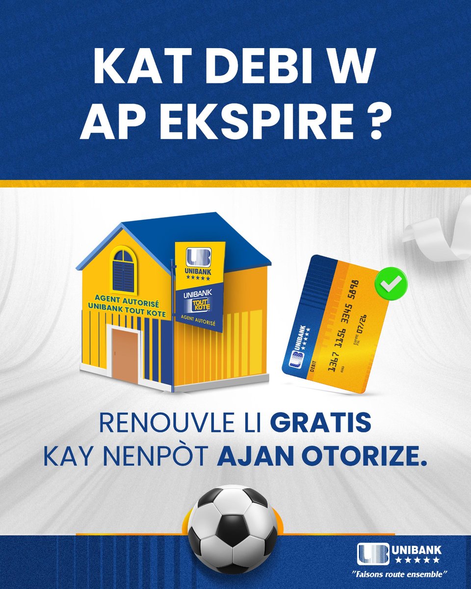 UBHaiti's tweet photo. Pa tann ! Renouvle kat ou gratis jodi a ! Pou jwenn Ajan Otorize ki pi pre w la, fè *555# sou telefòn ou. Pou plis enfòmasyon oswa asistans, kontakte nou : 📞 2299-2200 | 2999-2200
#UnibankHaiti #FaisonsRouteEnsemble #UnibankToutKote https://t.co/c7Po2x2L97