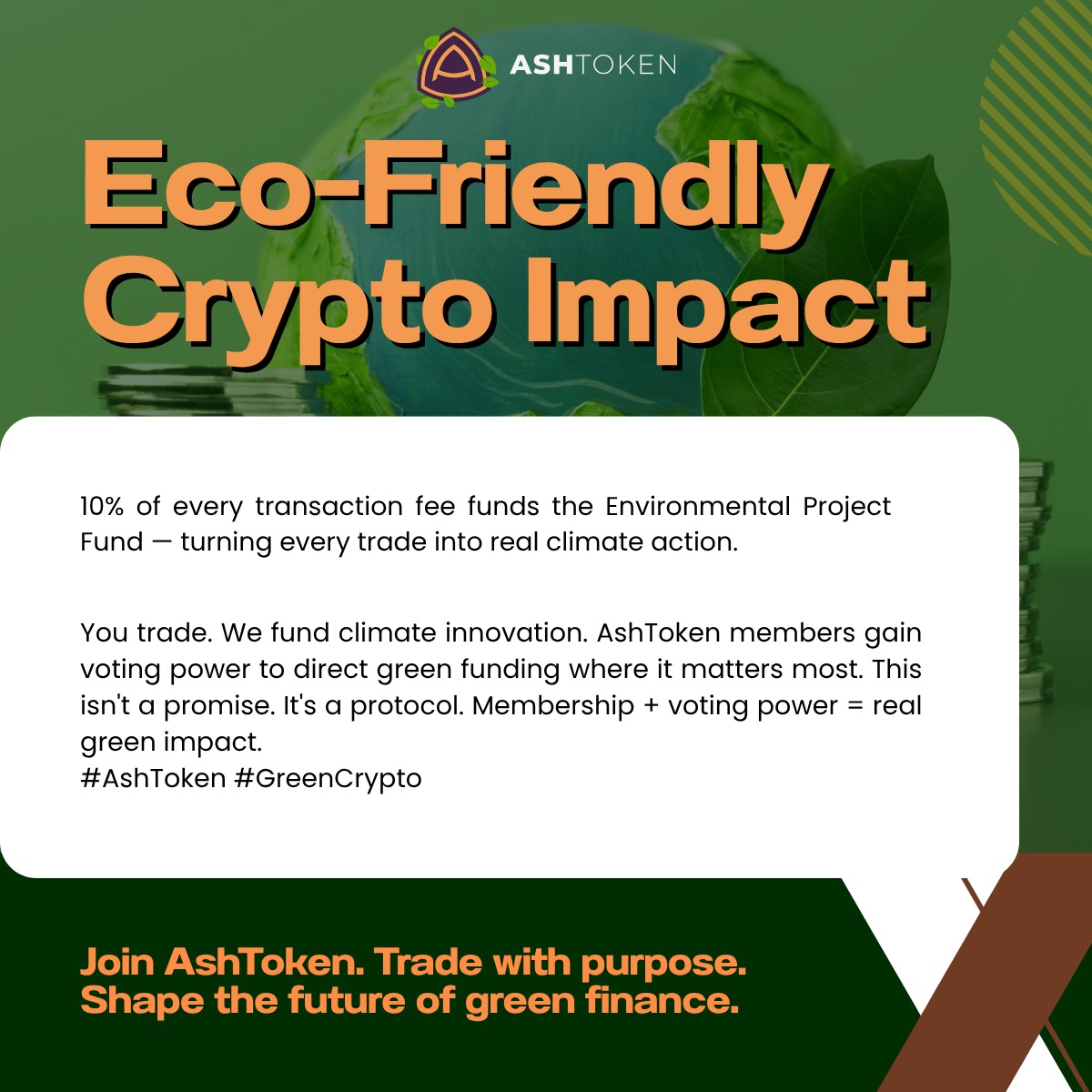 AshToken's tweet photo. 🎇10% tx fees funds the Environmental Project Fund.

💫 You trade. We fund climate innovation. Membership + voting power = real green impact.

🌿This isn’t a promise. It’s a protocol. 

#AshToken #GreenCrypto https://t.co/O80ZGULy28
