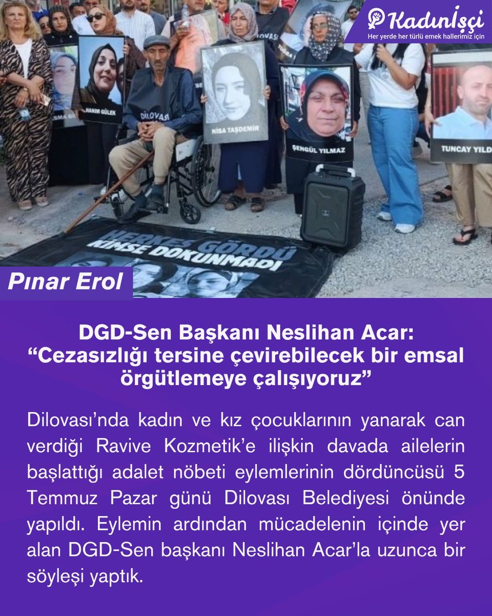 kadin_isci's tweet photo. "Milyonlarca insandan bahsediyoruz, meslek hastalıklarından iş cinayetlerinden hayatını kaybetmiş. Milyonlarca insan aynı sorunla kavruluyor, milyonlarca işçi her an ölümle burun buruna çalışıyor. Bundan daha yakıcı bir sorun yok."

Dilovası’nda ailelerin başlattığı adalet nöbeti eylemlerinin dördüncüsü 5 Temmuz Pazar günü Dilovası Belediyesi önünde yapıldı.

Pınar Erol (@PINAREROL72), mücadelenin içinde yer alan DGD-Sen (@DGDSEN) başkanı Neslihan Acar’la (@AcrNesli) uzunca bir söyleşi yaptı.

https://t.co/jzumYN1mEb