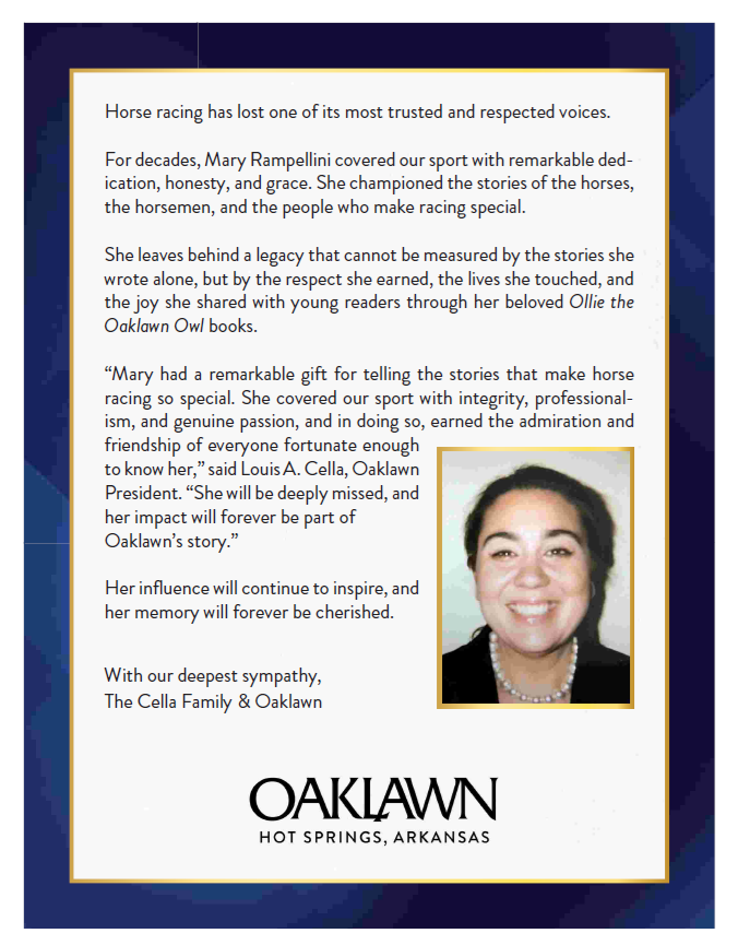 BradFree1's tweet photo. Classy move by Oaklawn Park in Saturday edition of Daily Racing Form: full-page appreciation of beloved DRF reporter Mary Rampellini, who passed away last week at age 53. #DRF https://t.co/eiPT3nbU1J