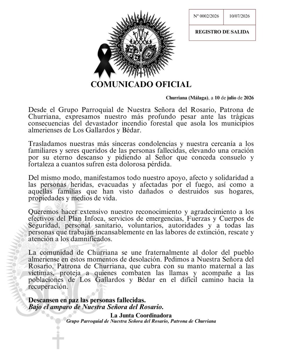 rosariochurrian's tweet photo. Desde el 𝗚𝗣 𝗱𝗲 𝗡𝘁𝗿𝗮. 𝗦𝗿𝗮. 𝗱𝗲𝗹 𝗥𝗼𝘀𝗮𝗿𝗶𝗼, 𝙋𝙖𝙩𝙧𝙤𝙣𝙖 𝙙𝙚 𝘾𝙝𝙪𝙧𝙧𝙞𝙖𝙣𝙖, expresamos nuestro profundo pesar por las víctimas del #IFLosGallardos, y trasladamos todo nuestro apoyo a las personas afectadas y a quienes trabajan en su extinción. 🙏 https://t.co/gjVrqxDMRC