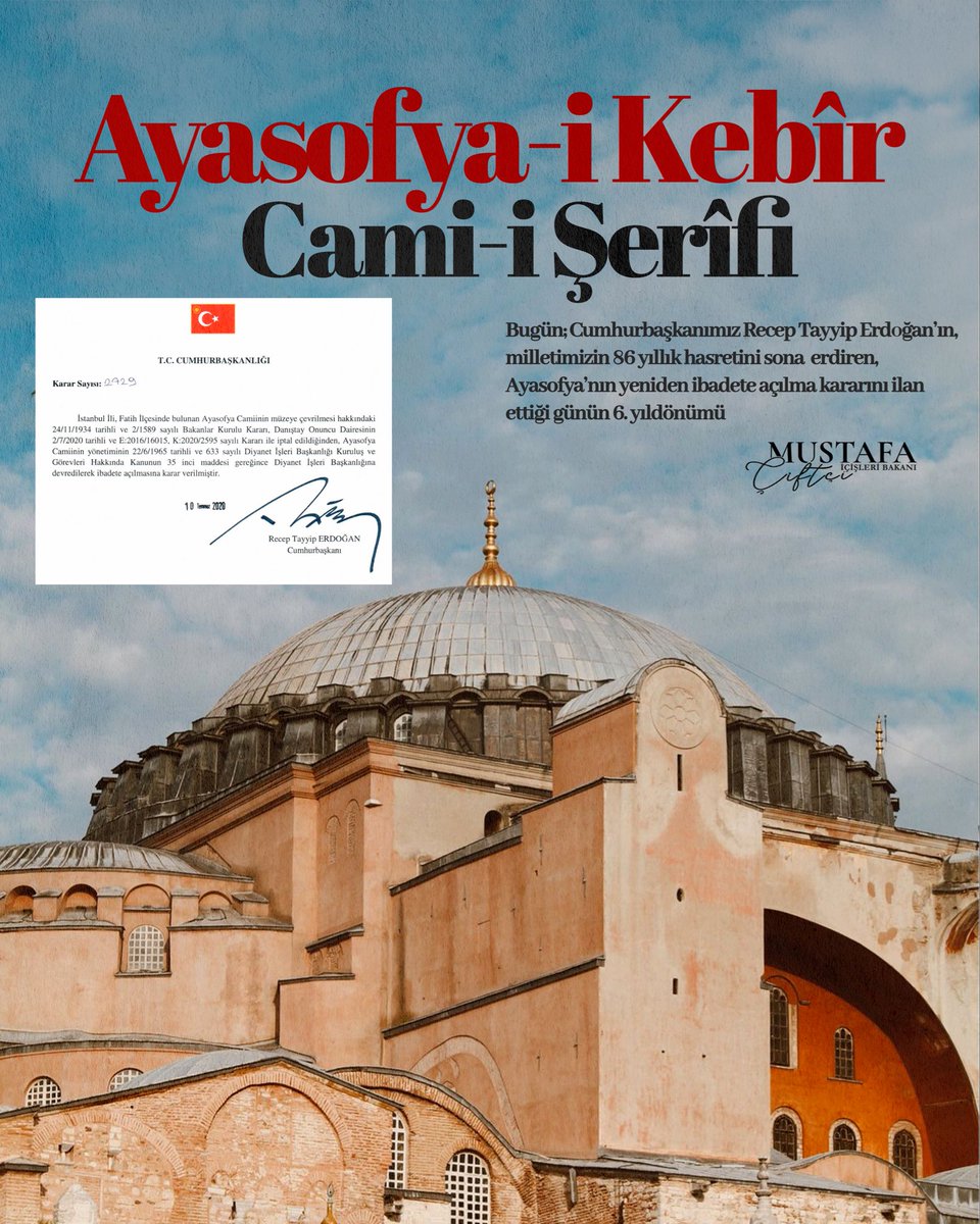 mustafaciftcitr's tweet photo. Bugün milletimizin asırlık duasının kabul olduğu, 86 yıllık hasretin sona erdiğinin muştusunun ilan edildiği bir gün.

Ayasofya-i Kebir Cami-i Şerifi’ni yeniden ibadete açan tarihi kararın 6’ncı yılında, o kutlu kavuşmanın sevincini yaşıyoruz.

Muhterem Cumhurbaşkanımız @RTErdogan’ın dirayetiyle Ayasofya’nın kubbeleri yeniden ezanla, mihrabı secdeyle, avlusu dualarla buluştu.

#Ayasofya, kıyamete kadar tevhidin sedasıyla mâmur olsun, inşallah.
