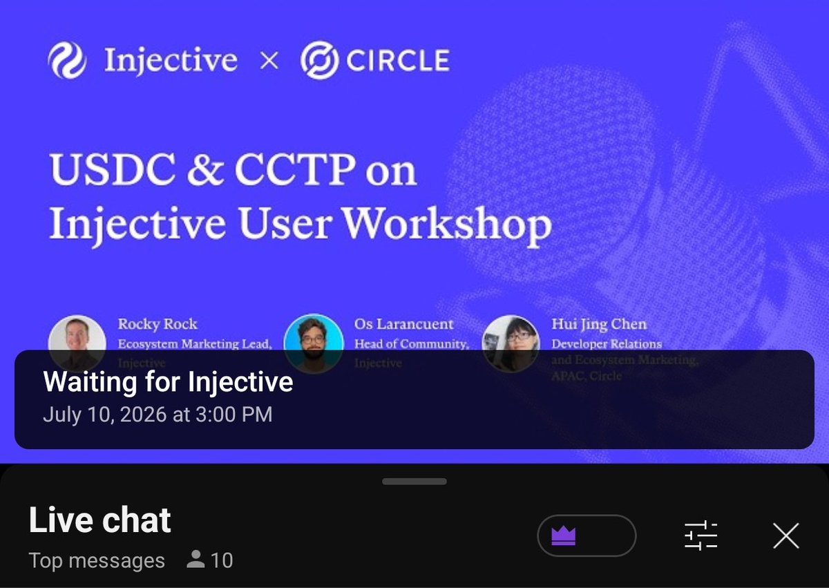 0xtega_'s tweet photo. In a few minutes from now @circle
workshop with @injective will commence 

There will be a walk through the differences Between bridged $USDC vs native $USDC
Using CCTP to get native USDC on Injective etc 

I know you have questions, 
So don't forget to hop in matee ↓↓ https://t.co/6fOpdmInVt