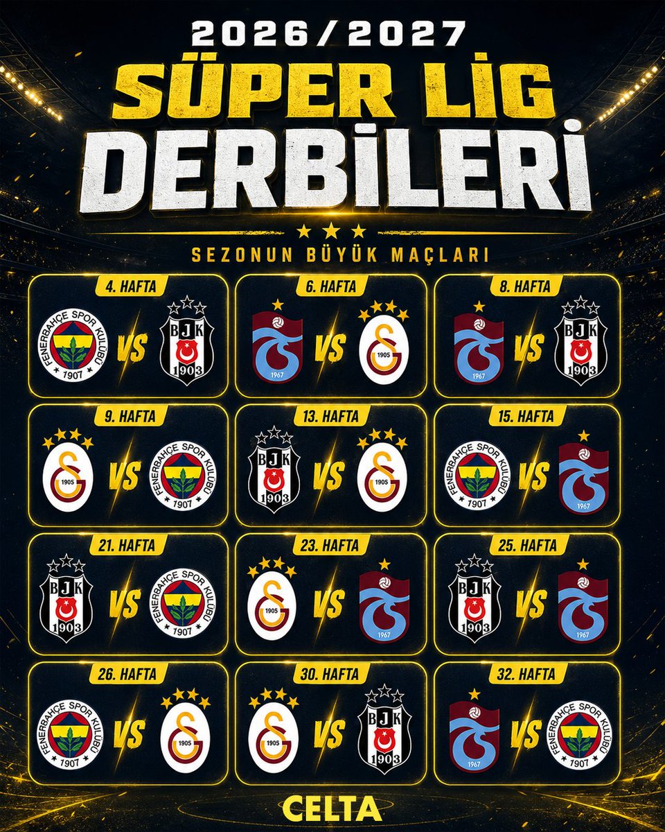 celta2030's tweet photo. 🔥 Trendyol Süper Lig 2026/27 Sezonu Tüm Derbiler 🔥

#SüperLig #Galatasaray #Fenerbahçe #Beşiktaş #Trabzonspor #Derbi #Futbol #TürkFutbolu #Şampiyonluk #GS #FB #BJK #TS https://t.co/bDmf1320Ht