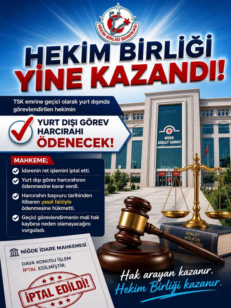 hekim_birligi's tweet photo. 📢 HEKİM BİRLİĞİ YİNE KAZANDI!

Hekim Birliği'nin açtığı davada Niğde İdare Mahkemesi, TSK emrine geçici olarak yurt dışında görevlendirilen bir hekimin yurt dışı görev harcırahının ödenmesi gerektiğine karar verdi.

⚖️ Mahkeme;

✅ İdarenin ret işlemini hukuka aykırı bularak iptal etti.
✅ Yurt dışı görev harcırahının başvuru tarihinden itibaren işleyecek yasal faiziyle birlikte ödenmesine hükmetti.
✅ Geçici görevlendirmenin, personelin kadro ve statüsünden doğan mali haklarını ortadan kaldırmayacağını vurguladı.

Bu karar, geçici olarak yurt dışında görevlendirilen sağlık personelinin mali haklarının korunması açısından önemli bir emsal niteliğindedir.
Hak arayan kazanır. Hekim Birliği kazanır.

@saglikbakanligi @drmemisoglu