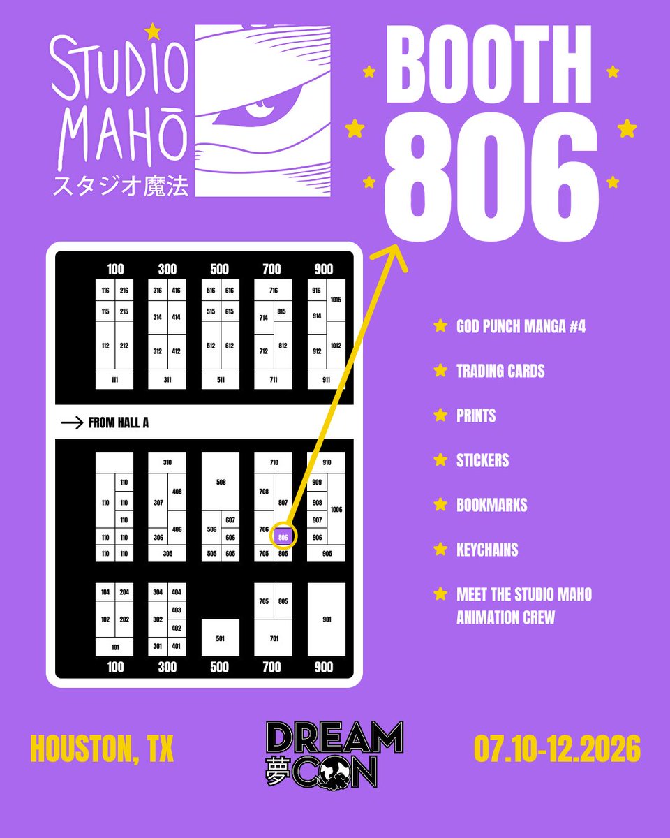 StudioMaho's tweet photo. 🚨 We’re officially at Dream Con!

Come find Studio Mahō at Booth #806 all weekend.

📚 God Punch #4
🎨 Prints
🃏 Trading Cards
🔑 Merch
👋 Meet the crew

Stop by and say hi! 💜

#DreamCon #StudioMaho #Booth806 https://t.co/iJRj1GyrLr