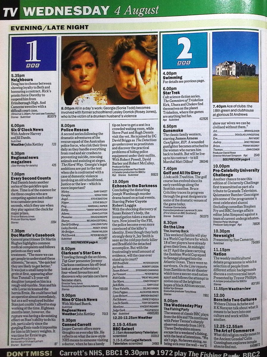 TvDidYouSee's tweet photo. #OnThisDay 4 August 1993 📺TV Listings
#DannyJohnJules as Captain Electric in SPATZ.
Australian drama in POLICE RESCUE.
#JohnathanRoss donates his armpits to science in FANTASTIC FACTS.
Liz McDonald can't resist Colin Barnes in #CoronationStreet.
THE FISHING PARTY is repeated. https://t.co/zz48zCM8ol