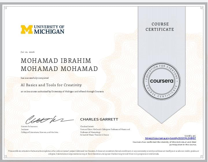 dredutest's tweet photo. I am thrilled to share that I have successfully earned my certification in "AI Basics and Tools for Creativity" from the University of Michigan via Coursera! 
 #UniversityOfMichigan #Coursera #ArtificialIntelligence #ContinuousLearning #FutureOfWork #AIforCreativity https://t.co/ZvlhS52DUD