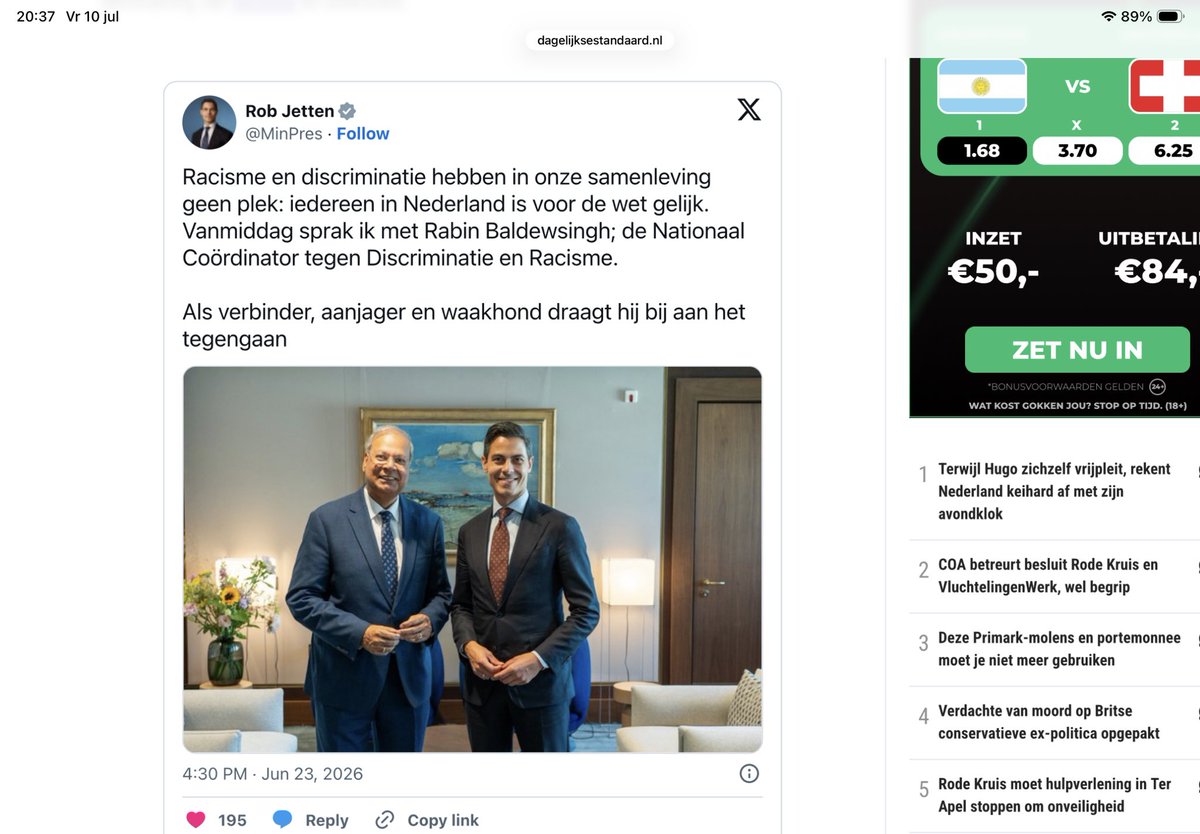 harmbeertema's tweet photo. Onze klimaat-en diversiteitsdrammer @MinPres Rob Jetten tweette nog niet zo lang geleden dit:

"Racisme en discriminatie hebben in onze samenleving geen plek: iedereen in Nederland is voor de wet gelijk.”

Hij vergat erbij te zeggen dat dat niet geldt voor blanke @D66-vrouwen in @rotterdam. De @bureau_ncdr vindt het Haagse stadhuis ook al te ‘wit’, dus wat betreft ‘verbinder, aanjager en waakhond’ Baldewsingh is er niks aan de hand.