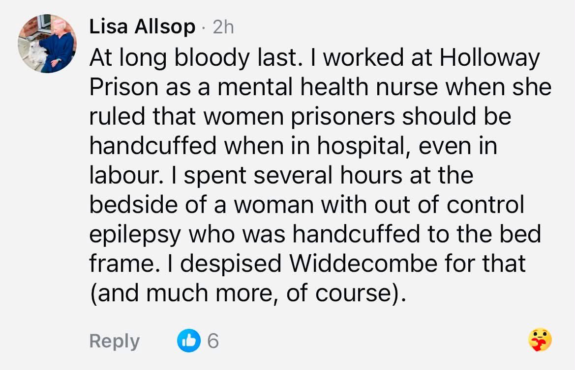 signsofrevolt's tweet photo. @andyburnham Yeah and she made sure pregnant women were handcufffed to their hospitals beds 
No one deserves to be murdered but she wasn’t on our side she was truly awful https://t.co/0akdzxFZ79