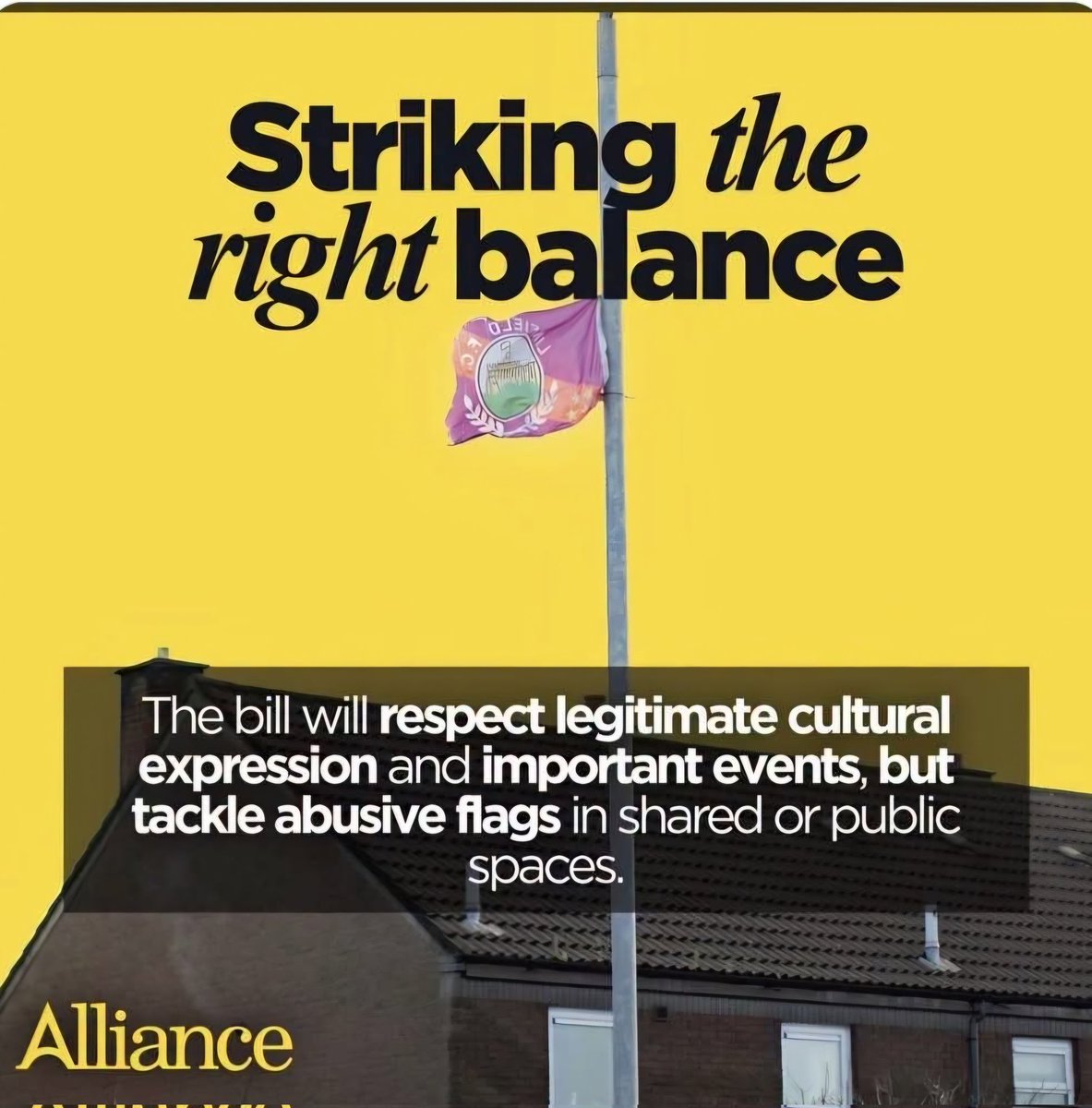 GaryHynds's tweet photo. Only Alliance could look at Northern Ireland's long list of problems and decide flags should be their priority. They are utterly obsessed.

Their latest campaign graphic even appears to feature a Linfield Football Club flag.

Alliance holds the Justice Ministry, yet instead of focusing on tackling violent crime, antisocial behaviour and making our streets safer, they're back talking about flags.

Leave football supporters alone. Focus on catching criminals, not policing football flags, you strange people.