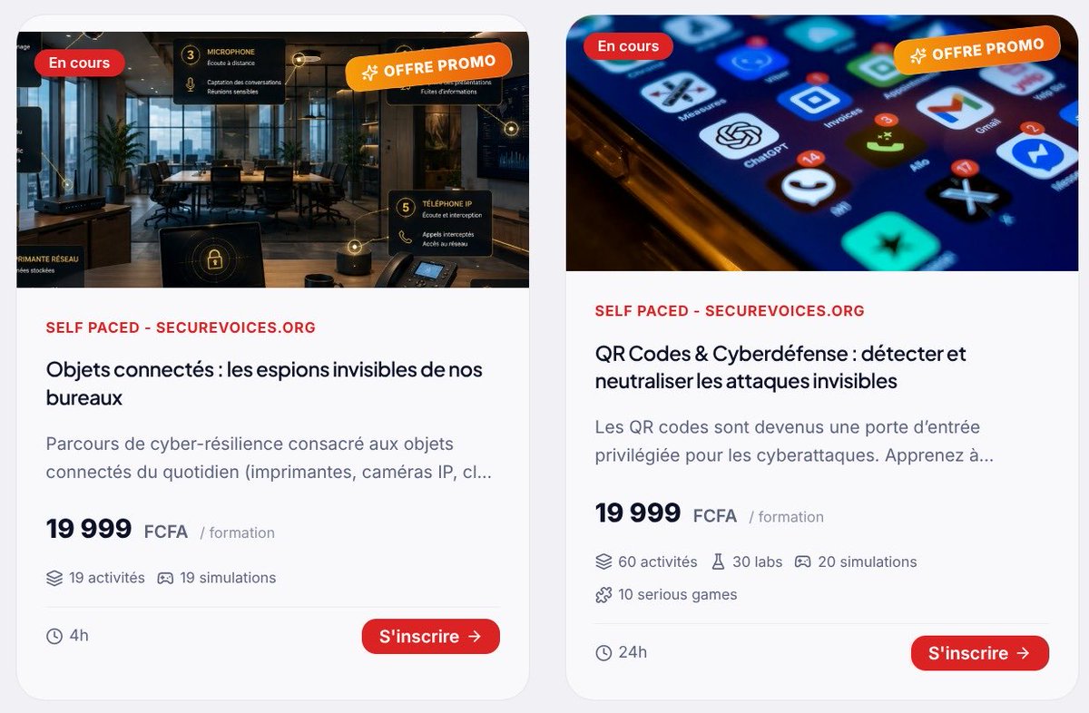 fyouzan's tweet photo. 🔥 48H CHRONO - TOUTES NOS FORMATIONS À -70%
Vous protégez vos données, vos communications, votre argent mobile... mais combien de fois avez-vous remis "la formation" à plus tard ?

Ce week-end, cette excuse n'existe plus.

🎯 Les 9 formations recommandées https://t.co/GelX2EzGr5 passent à 19.999 FCFA et ce, jusqu'à dimanche minuit. Après ça, retour au prix normal. Sans exception, sans prolongation.

Ce que vous apprenez à sécuriser, concrètement :
[+] Votre téléphone contre l'espionnage : Certified Device Security Specialist
[+] Vos équipes contre le phishing : Certified Phishing Security Specialist
[+] Votre Mobile Money contre la fraude : Certified Mobile Money Security Specialist
[+] Vos conversations WhatsApp contre l'interception : Certified WhatsApp Security Specialist
[+] Votre organisation contre les failles invisibles : Certified Cybersecurity Maturity Specialist
[+] Vos bureaux contre les objets connectés espions
[+] Vos scans QR Code contre les attaques piégées
[+] Vos outils avec les 50 indispensables de la cybersécurité
[+] Votre liberté numérique : naviguer et enquêter sans être surveillé

👉 Toutes les formations ici : https://t.co/XNEJkWYZQN 

💬 Comment commander (30 secondes) :
[1.] Choisissez votre/vos formation(s) sur le lien
[2.] Répondez ici avec le(s) titre(s) choisi(s)
[3.] Recevez votre accès immédiatement après paiement

⚠️ Places d'accompagnement limitées pour garder un suivi personnalisé, les premiers inscrits sont prioritaires.