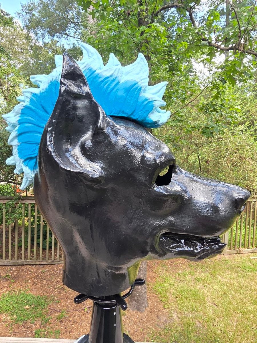 SnapJawForge's tweet photo. New dobie is out &amp; about with a BRIGHT mohawk!

 :D  This cutie features a UV/glow magnetically removeable mohawk!  

🦴💥 

 #SnapJaw #puphood #rubberfur #latex #furry https://t.co/oFeyFuNlt3
