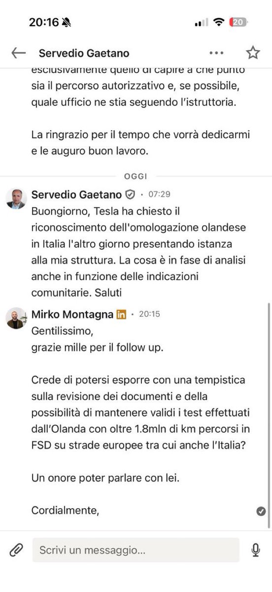 Rustavi's tweet photo. 🚨 Big update for Tesla FSD in Italy. 🇮🇹
After reaching out on LinkedIn, Gaetano Servedio (Director General at the Italian Ministry of Infrastructure and Transport) confirmed that Tesla submitted its FSD homologation application just a few days ago, requesting recognition of the Dutch approval in Italy.
The documentation is now with his office and currently under review (also taking EU guidelines into account).
Finally some real progress. 🤖🚗
Fingers crossed for a smooth and quick approval.
#FSD #TeslaFSD #Italy #Tesla