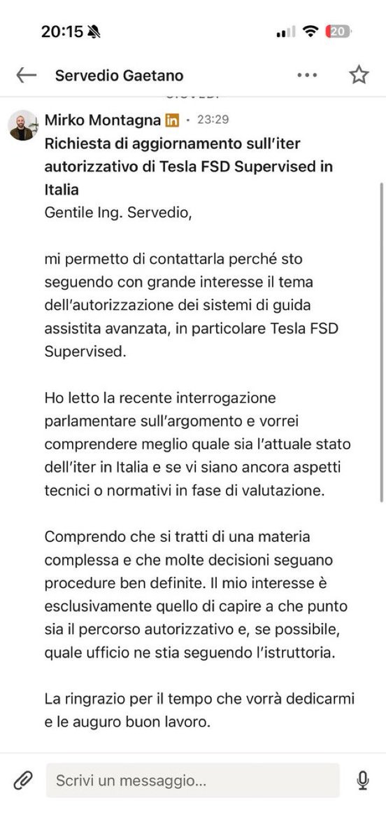 Rustavi's tweet photo. 🚨 Big update for Tesla FSD in Italy. 🇮🇹
After reaching out on LinkedIn, Gaetano Servedio (Director General at the Italian Ministry of Infrastructure and Transport) confirmed that Tesla submitted its FSD homologation application just a few days ago, requesting recognition of the Dutch approval in Italy.
The documentation is now with his office and currently under review (also taking EU guidelines into account).
Finally some real progress. 🤖🚗
Fingers crossed for a smooth and quick approval.
#FSD #TeslaFSD #Italy #Tesla