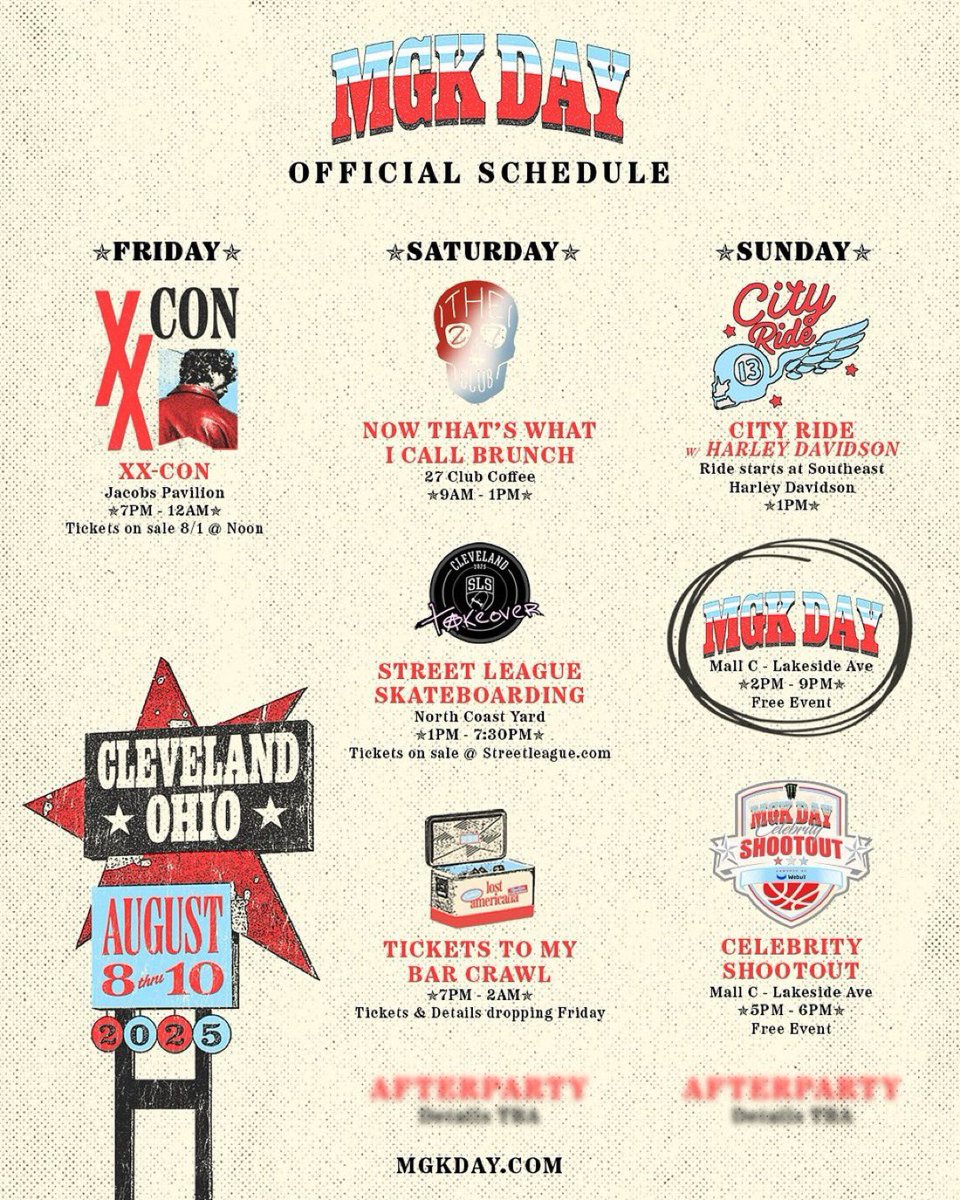kristenESTXX's tweet photo. MGK DAY general information (all from my experience last year and may or may not apply to this year):

-events span the course of 3 days 

-main mgk day event was free but required a ticket and was held on the final day (Sunday) This is the large market festival type event that included food and drink tents, merch tents, photo opp tents, a main stage for the free concert, other activity tents and setups; the basketball game for example.)

-additional events held around Cleveland are more exclusive and required a paid ticket (after partys, extra concerts, bar crawls, brunches, 27 club events, FWD nightclub, IVY nightclub, probably Shooters this year, etc)

-schedule last year dropped right before mgk day and misc event tickets all dropped separately and at different times. (Being active on socials the week before mgk day greatly increased chances of scoring tickets to the more limited ticketed events)

-Spot Hero app is a fantastic resource to pre reserve parking for those three days if your hotel is not within walking distance to events. (Most of the events are within walking distance of each other so plan to drive downtown, park and not go back to your car till you’re ready to head back for the day. )

-last year was death hot so be prepared

-27 club line will be around the building ALL weekend pretty much non stop, so plan your events with this in mind. 

-Kells will be around all weekend and your chances of seeing him in the wild will be high, please let him be a human and just say hi instead of asking him for something. He’ll be giving all his time to us already this weekend. 

-if you are looking to get barricade for the main event Sunday, prepare to arrive extremely early and don’t plan on being able to partake in any other events/tents that festival day. 

-Cleveland is an amazing city and stays alive till like 5 AM. We felt safe the entire time. 

Feel free to ask any additional questions in the comments or if you have more relevant information or hacks, please also comment. 

Hope some of this helps first time attendees! Just know, this weekend is truly magical and will be the time of your life!

(See last year’s schedule below for reference.)