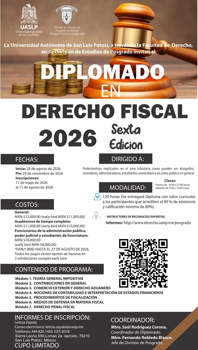 PDerechoUASLP's tweet photo. 🔴 Diplomado en Derecho Fiscal 2026 de la Universidad Autónoma de San Luis Potosí                      
📣---MISMOS COSTOS---!       
✉️leticia.zapata@uaslp.mx☎️4448261450 EXT: 8378 https://t.co/ghNPpcSZQf
@LaUASLP
@facderechouaslp https://t.co/q0kdwPc1o0