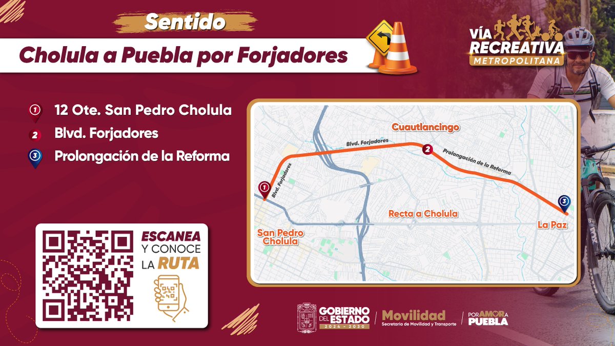 MTGobPue's tweet photo. Este fin de semana, la Vía Recreativa Metropolitana volverá a llenar la ciudad de vida, movimiento y convivencia. 🚴‍♂️🌞

Si planeas circular por la zona, te invitamos a considerar las vías alternas que estarán disponibles para facilitar tu traslado.

El @Gob_Puebla , encabezado por @armentapuebla_, trabaja por una ciudad más incluyente y en movimiento.

#PorAmorAPuebla