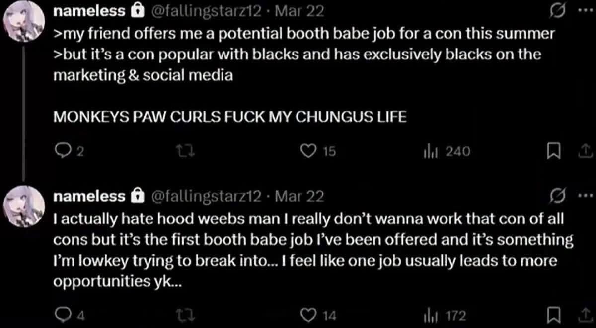 HumbleRosesPod's tweet photo. Just a heads up @SupremeDreams_1 

If you have Capella Cosplay at your event please make sure to take note of her previous comments she has made. Someone like this should not be platformed or promoted in any capacity for her comments on hood weebs, trans, and any minorities going forward. People are going to speak with their wallets. DreamCon is a once a year event that everyone loves attending.

Please remove her immediately.