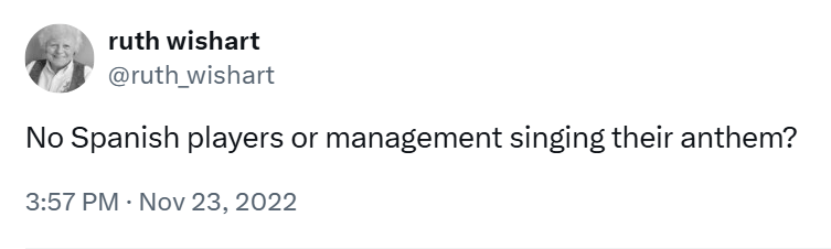 AgentP22's tweet photo. Watching Spain v Belgium reminds me of this classic from Grievance Granny 4 years ago.  

(The Spanish Anthem doesn't have any lyrics)  

😂😂😂😂😂 https://t.co/K3C6qJ3zG4