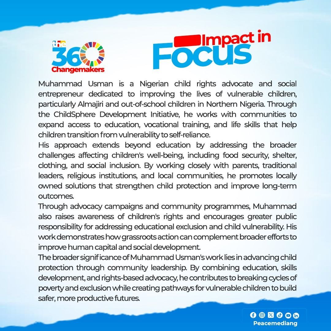 PeacemediaNG's tweet photo. Muhammad Usman is expanding opportunities for vulnerable children through education, life skills, and community support. Through ChildSphere Development Initiative, he advances child protection, inclusion, and pathways to brighter futures
#PeaceMedia #the360changemakers #171of360 https://t.co/CuSetMjguu