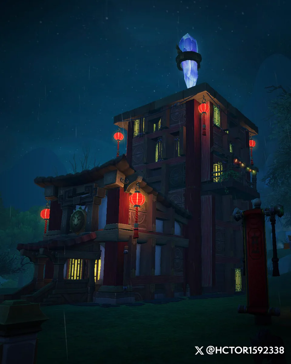 An elegant home with pandaren visual sensibilities looms large near a quaint dockside area. Glowing red lanterns mark several of the building’s upper corners. A semi-opaque crystal sits above the house. 