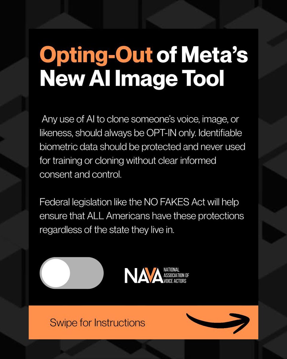 NAVAVOICES's tweet photo. Any use of AI to clone someone’s voice, image, or likeness, should always be OPT-IN only. Identifiable biometric data should be protected and never used for training or cloning without clear informed consent and control.

Federal legislation like the NO FAKES Act will help ensure that ALL Americans have these protections regardless of the state they live in.

If you'd like to learn more about the work NAVA is doing protecting voices in the age of AI, visit https://t.co/WfyygcoeOc

#navavoices