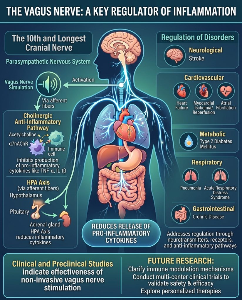 SterlingCooley's tweet photo. The reductionist view of the vagus nerve as merely a circuit for relaxation ignores its role as the primary hardwired interface between the nervous and immune systems. Treating inflammatory diseases of the heart, lungs, and gut as localized biochemical failures misses the broader reality: these pathologies are often symptoms of a dysregulated cholinergic anti-inflammatory pathway. The vagus nerve does not just monitor organ function; it actively suppresses systemic inflammation by deploying acetylcholine to bind with alpha-7 nicotinic acetylcholine receptors on immune cells.

This is not a peripheral response, but a precise molecular intervention. When the vagus is engaged, it triggers a dual-pronged suppression of pro-inflammatory cytokines. It sends an efferent signal through the cholinergic pathway while simultaneously utilizing afferent fibers to engage the hypothalamic-pituitary-adrenal axis. This integrated mechanism explains why non-invasive stimulation shows efficacy across seemingly unrelated conditions, from myocardial ischemia and type 2 diabetes to Crohn’s disease and acute respiratory distress syndrome.

The necessary paradigm shift moves away from the chemical-delivery model of pharmacology toward bioelectronic modulation. The body’s inflammatory set point is programmable. By targeting the vagus, we are tapping into a regulatory architecture that uses neural signaling to dictate immune cell behavior. The future of treating chronic disease lies in understanding this neural-immune crosstalk as a structural, rather than purely chemical, phenomenon.

https://t.co/cbm7CE0lsV