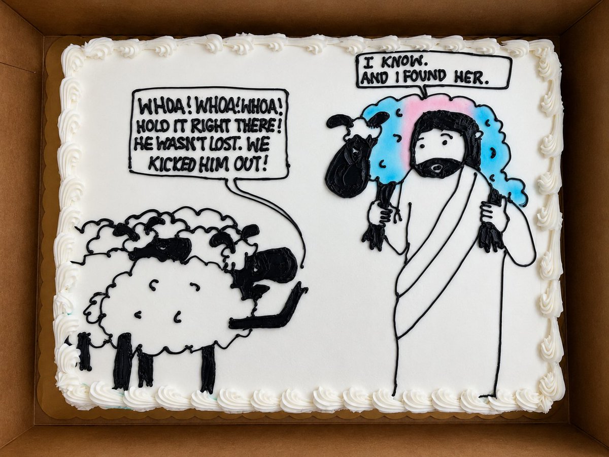 nakedpastor's tweet photo. Now this is one sweet celebration, literally. 🎂This cartoon has taken many forms over the years, but these wonderful people turned it into a cake, complete with their colors and pronouns.

I never get tired of seeing my art come to life in such creative ways around the world. ❤️ https://t.co/X7K79oQXTl