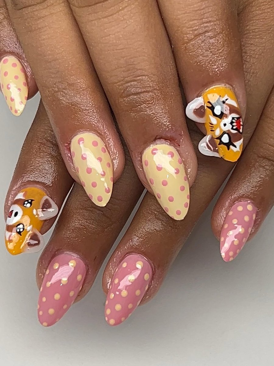 aggretsuko's tweet photo. Pastels, polka dots, and a whole lot of rage 💅⚡️🎀 #Aggretsuko nail art by sculpted.byashley on IG https://t.co/t5Fe3jRS1T