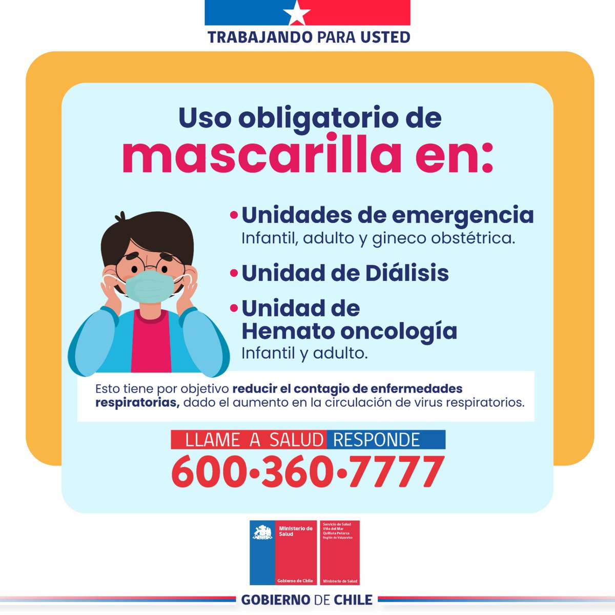 Hospitalfricke's tweet photo. 😷 Desde el 01 de abril, en las Unidades de Emergencia, de Diálisis y Hemato Oncología, usuarios y funcionarios deben usar mascarilla. Así, nos protegemos contra las enfermedades respiratorias antes de la llegada del invierno ❄️ https://t.co/Blgrb7nYxb