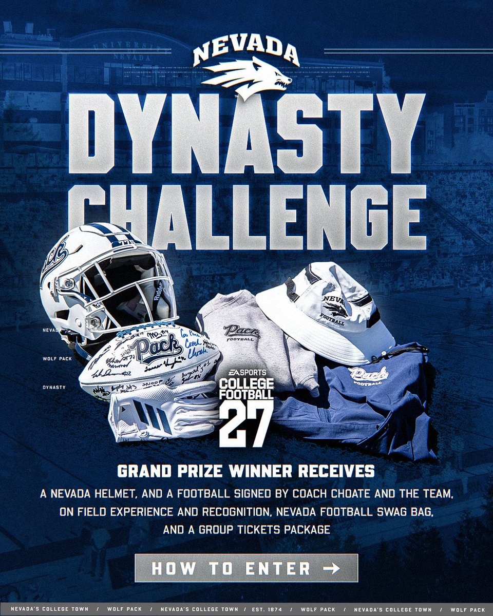 NevadaWolfPack's tweet photo. EA Sports College Football 27 is live and we are announcing our Nevada Dynasty Challenge!

Entrants must be 18+. Recruitable-aged prospective student-athletes are NOT eligible to win.

DETAILS ➡️ https://t.co/uiXaFicNC8

SUBMISSION FORM ➡️ https://t.co/TnHYcPDePQ

#BattleBorn https://t.co/mADxGS542c
