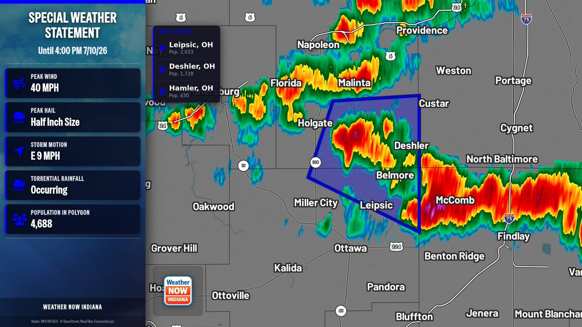 wxnowIndiana's tweet photo. A Special Weather Statement has been issued for Henry, Putnam | Torrential Rain: Occurring | until 4:00 PM 7/10/26 | Hail: 0.5 inches | Wind: 40 MPH https://t.co/eIJO6AZw0V