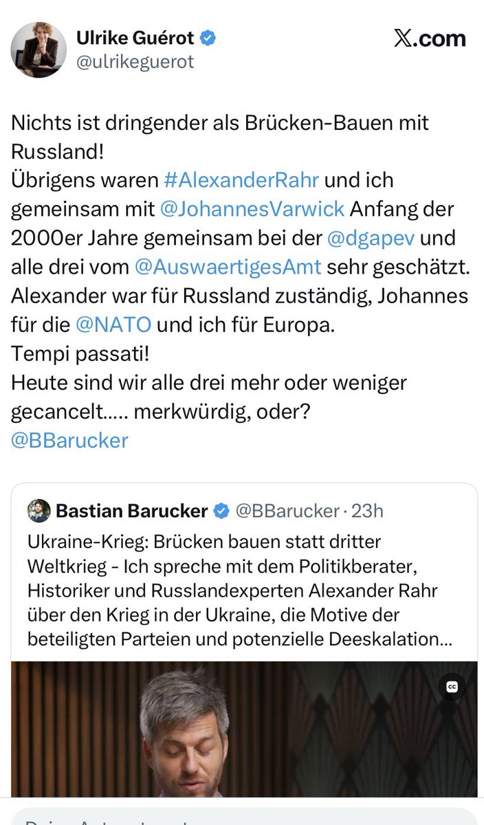 thomas_dudek's tweet photo. Schon im ersten Semester meines Geschichtsstudiums war Quellenkritik ein Hauptthema. Etwas, was Professorenclowns wie @ulrikeguerot und @JohannesVarwick bis heute nicht beherrschen. Alexander Rahr war bis 2022 bezahlter Gazprom-Lobbyist. https://t.co/cVjMpIfln3