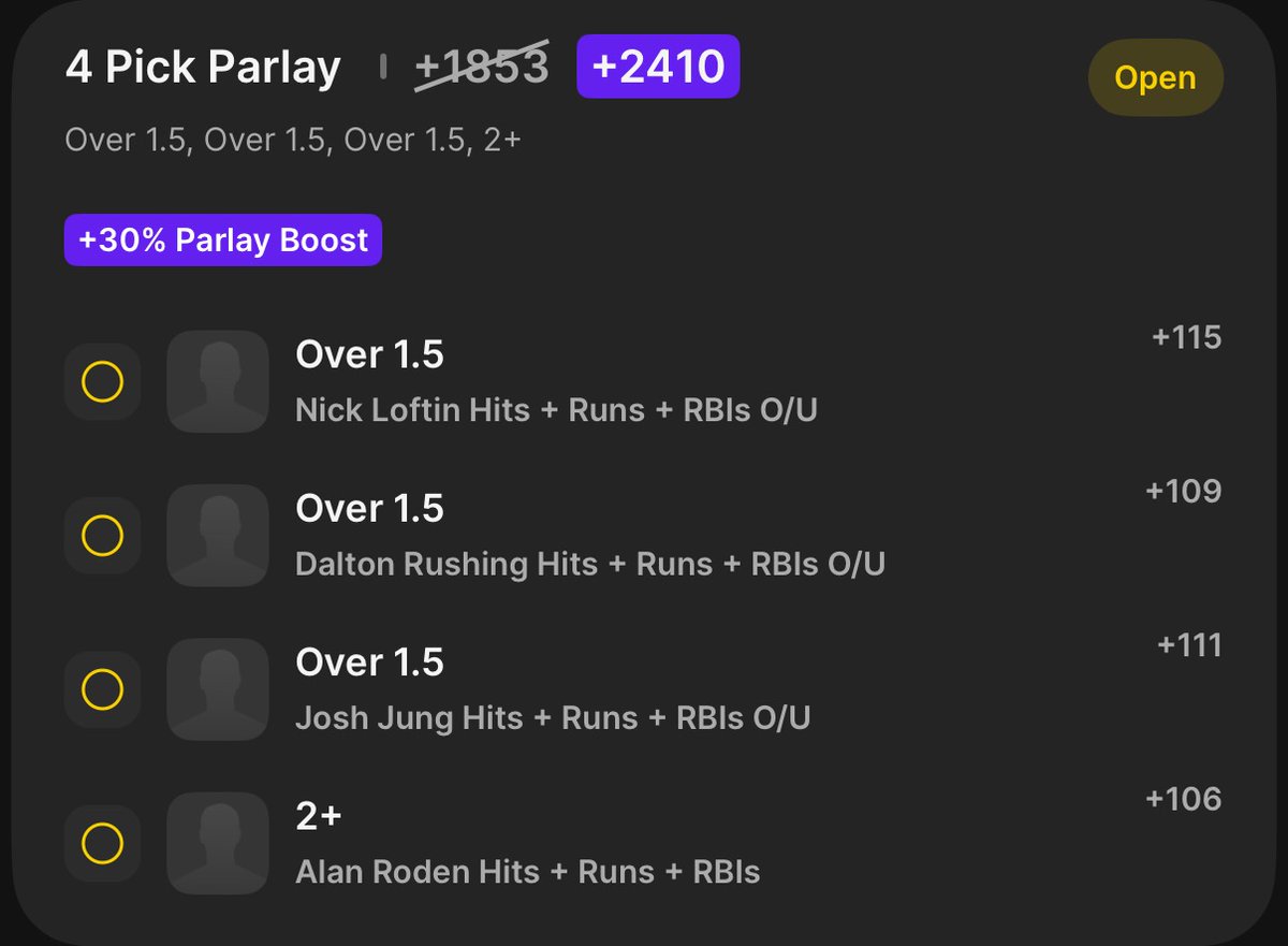 szhBrian's tweet photo. MLB H+R+RBI props I like today 7/10

All over 1.5

Loftin
Rushing
Jung
Roden

+1853 if you parlay them all together (I boosted to +2410) https://t.co/58DFRqF80W